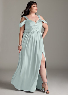 Azazie Lianne Bridesmaid Dresses Mist A-Line Off the Shoulder Stretch Satin Dress image12