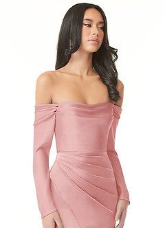 Azazie Hallie Robes de demoiselle d'honneur Robe Sirène Convertible en Satin extensible Schulterfreies Langarmshirt Rose Poudré image1