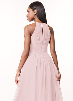 Azazie Bonnie Robes de demoiselle d'honneur Robe Trapèze en Mousseline de soie Trou de serrure froncé Rose Pâle image4