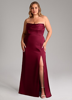 Azazie Saige Vestidos de damas de honor Vestido de Borgoña de Satén Elástico de Corte Recto con Vestidos sin tirantes image16