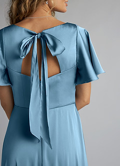 Azazie Kimber Bridesmaid Dresses Steel Blue A-Line Ruched Stretch Satin Dress image5