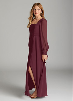 Azazie Leonia Junior Cabernet A-Line with Pockets Chiffon Dress image3