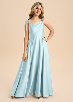 Azazie Popsy Junior Vestido de Azul Nube de Satén Elástico de Corte en A con Lazo image8