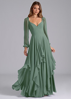 Azazie Karan Bridesmaid Dresses Eucalyptus A-Line Long Sleeve Chiffon Dress image1