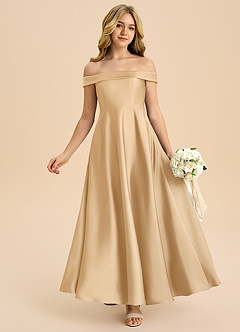 Azazie Sissy Junior Vestido de Oro de Satén Elástico de Corte en A con Vestidos sin tirantes image1