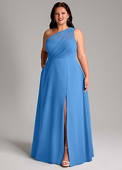 Azazie Phaedra Bridesmaid Dresses Blue Jay A-Line One Shoulder Chiffon Dress image10