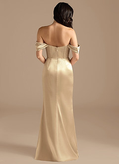 Azazie Lynden Bridesmaid Dresses Champagne Sheath Off the Shoulder Metallic Satin Convertible Dress image5