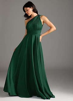 Azazie Charlize Bridesmaid Dresses Dark Green A-Line One Shoulder Stretch Satin Dress image5