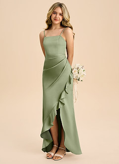 Azazie Buzzy Junior Pistachio Sheath Pleated Stretch Satin Dress image1