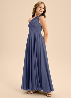 Azazie Charlize Junior Robe Trapèze en Mousseline de soie Plissée Bleu Orageux image4