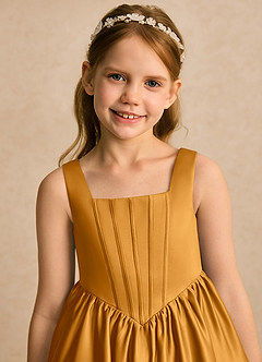 Azazie Myla Blumenmädchenkleider A-Linie Plissee Matte Satin Kleid Butterscotch image6