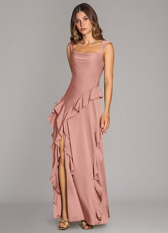 Azazie Sloane Essayer des robes à la maison Robe Trapèze en Satin extensible Encolure en Forme de Cœur Rosette image4