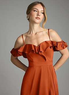 Azazie Lyra Bridesmaid Dresses Burnt Orange A-Line Off the Shoulder Stretch Satin Convertible Dress image11
