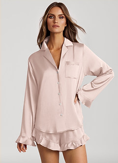 front Pyjamasset med långa ärmar och volang i satin