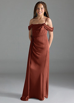 Azazie Amyra Junior Auburn Sheath Off the Shoulder Stretch Satin Dress image4
