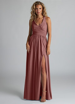 Azazie Kecia Final Sale Desert Rose A-Line V-Neck Stretch Chiffon Dress image1