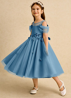 Azazie Juni Flower Girl Dresses Steel Blue Ball-Gown Pleated Tulle Dress image3