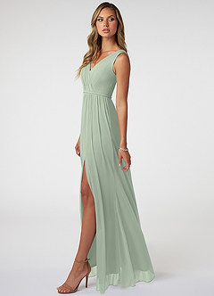 Azazie Tanicia Bridesmaid Dresses Dusty Sage A-Line V-Neck Pleated Mesh Dress image3
