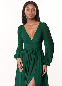 Azazie Norah Bridesmaid Dresses Emerald A-Line V-Neck Long Sleeve Chiffon Dress image5