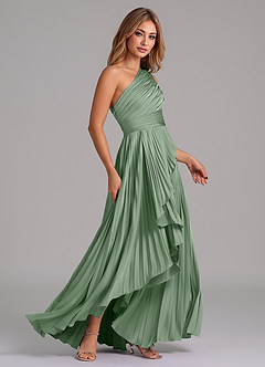 Azazie Lyrica 신부 들러리 드레스 A라인 한쪽 어깨 스트레치 새틴 비대칭 드레스 image3