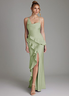 Azazie Jayda Bridesmaid Dresses Dusty Sage A-Line Ruched Stretch Satin Dress image4
