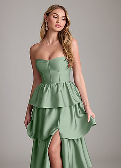 Azazie Faye Bridesmaid Dresses Matcha A-Line Ruched Stretch Satin Dress image5