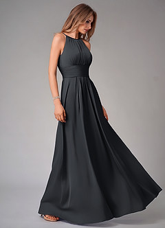 Azazie Bonnie Vestidos de damas de honor Vestido de Negro de Satén Elástico de Corte en A con Plisado image4
