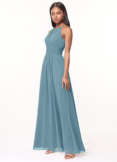 Azazie Bonnie Bridesmaid Dresses Moody Blue A-Line Keyhole Ruched Chiffon Dress image3
