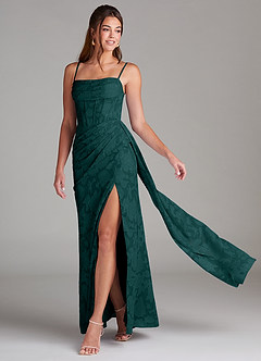 Azazie Denisa Bridesmaid Dresses Pine Sheath Pleated Floral Burnout Dress image1