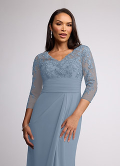 Azazie Joan Mère de la mariée Robes Robe Fourreau en Mousseline de soie Col V Dentelle Bleu Poussiéreux image3