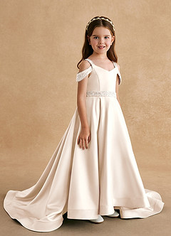 Azazie Jodi vestidos de niña de las flores Vestido de Alabastro Blanco de Satin Mate de Corte En A image3