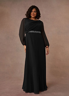 Azazie Priyanka Mother of the Bride Dresses Black A-Line Boatneck Pleated Chiffon Dress image5