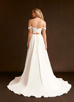 Azazie Joya Wedding Dresses Diamond White A-Line Off the Shoulder Crepe Back Satin Dress image2