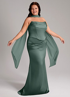 Azazie Sorrel Vestidos de damas de honor Vestido de Musgo Marino de Satén Elástico de Corte Sirena Convertible con Sin tirantes image9