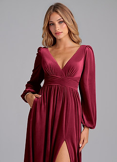 Azazie Norah Bridesmaid Dresses Burgundy A-Line Long Sleeve Velvet Dress image2