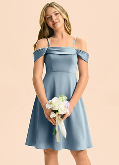 Azazie Anselie Junior Dusty Blue A-Line Off the Shoulder Stretch Satin Dress image3