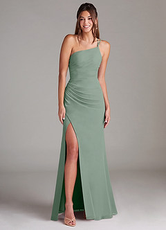 Azazie Eren Vestidos de damas de honor Vestido de Salvia Plateada de Gasa de Corte Recto con Hombro unilateral image3