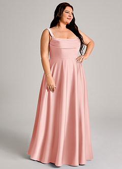 Azazie Shaude Bridesmaid Dresses Powder Pink A-Line Pleated Stretch Satin Dress image10