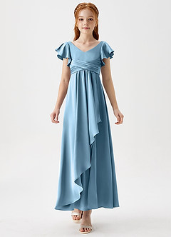 Azazie Omari Junior Steel Blue A-Line Pleated Stretch Satin Dress image5