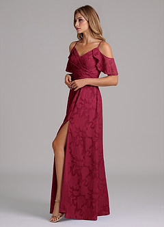 Azazie Dakota Bridesmaid Dresses Burgundy A-Line Off the Shoulder Floral Burnout Dress image6