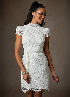 Azazie Pennie Vestidos de novia Vestido de Diamante Blanco de Encaje de Corte Recto con Cuello Alto image6