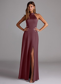 Azazie Myra Bridesmaid Dresses Sangria A-Line Side Slit Stretch Satin Dress image3