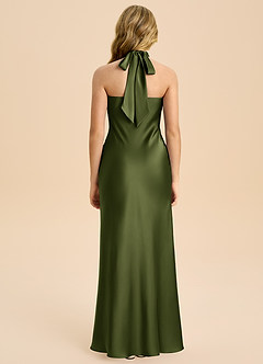 Azazie Chickie Junior Olive Sheath Pleated Stretch Satin Dress image2