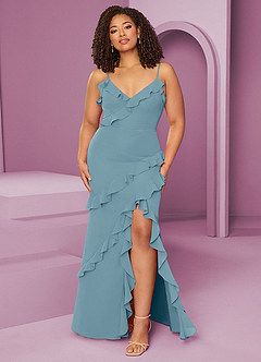 Barbie ♥ Azazie Robes de demoiselle d'honneur Robe Fourreau en Mousseline de soie Bleu Maussade image9
