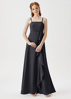 Azazie Kaylee Junior Black A-Line with Belt Stretch Satin Dress image1