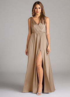Azazie Tanicia Robes de demoiselle d'honneur Robe Trapèze en Satin extensible Plissée Taupe image1