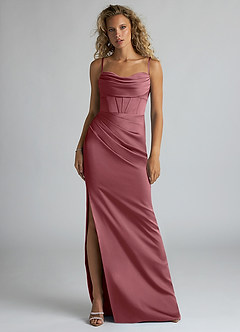 Azazie Mai Bridesmaid Dresses Desert Rose Sheath Pleated Stretch Satin Dress image1