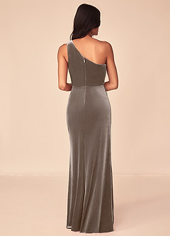 Azazie Argan Bridesmaid Dresses Silver Taupe A-Line One Shoulder Pleated Velvet Dress image2