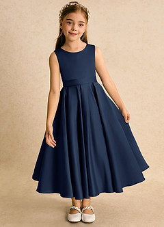 Azazie Junebuj Flower Girl Dresses Dark Navy Ball-Gown Pleated Matte Satin Dress image6