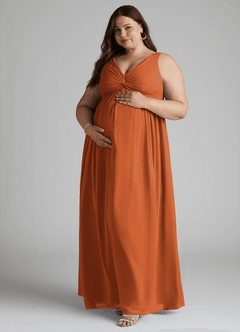 Azazie Yetta Maternity Bridesmaid Dresses A-Line V-Neck Gathered Chiffon Floor-Length Dress image9